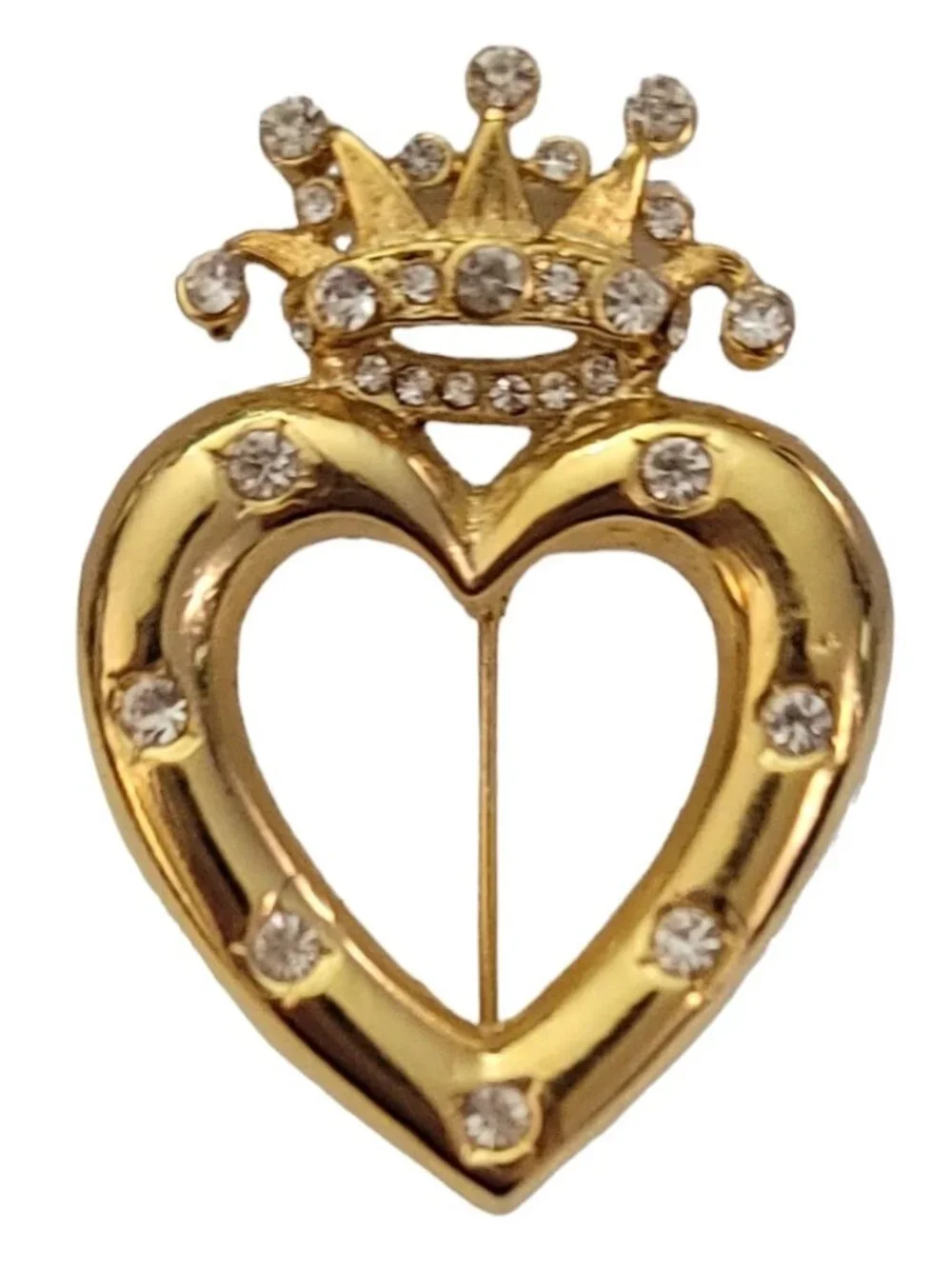 Gold Tone Heart Crown Clear Rhinestone Brooch Pin K830